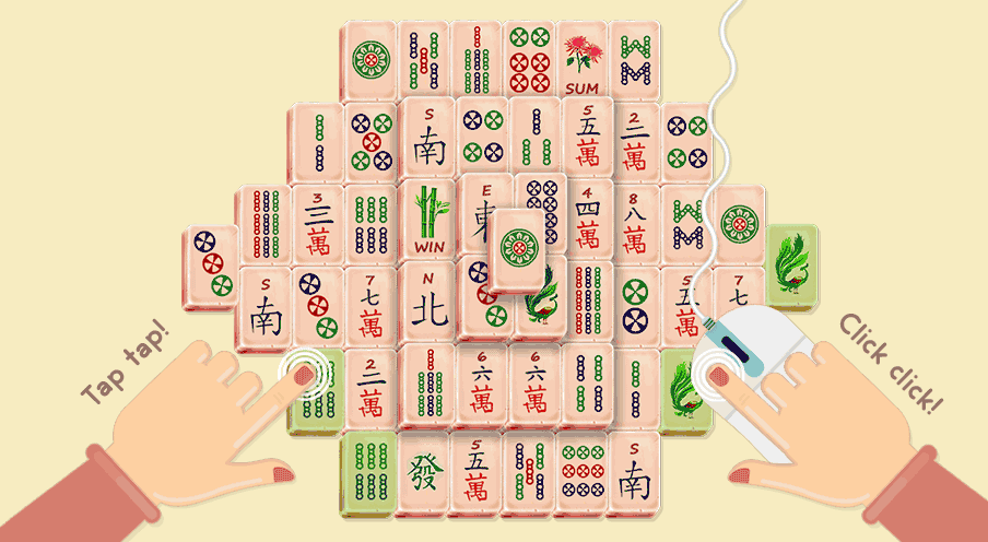 Interact with the Mahjong game using a finger and a computer mouse to select the tiles